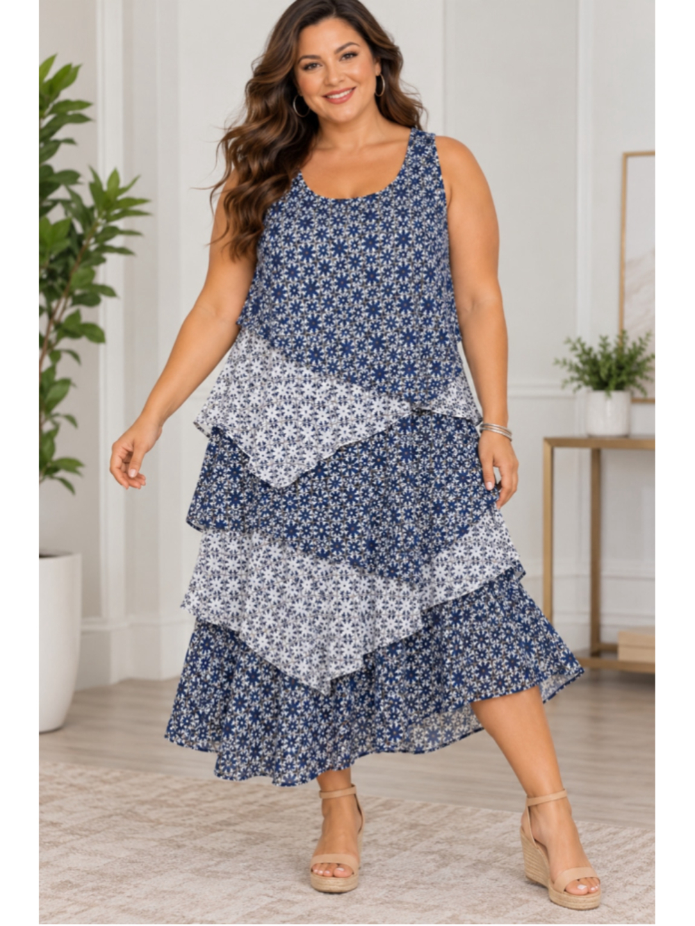 Avenue Midi Dress Blue White Patterned Women’s Plus Size 18W